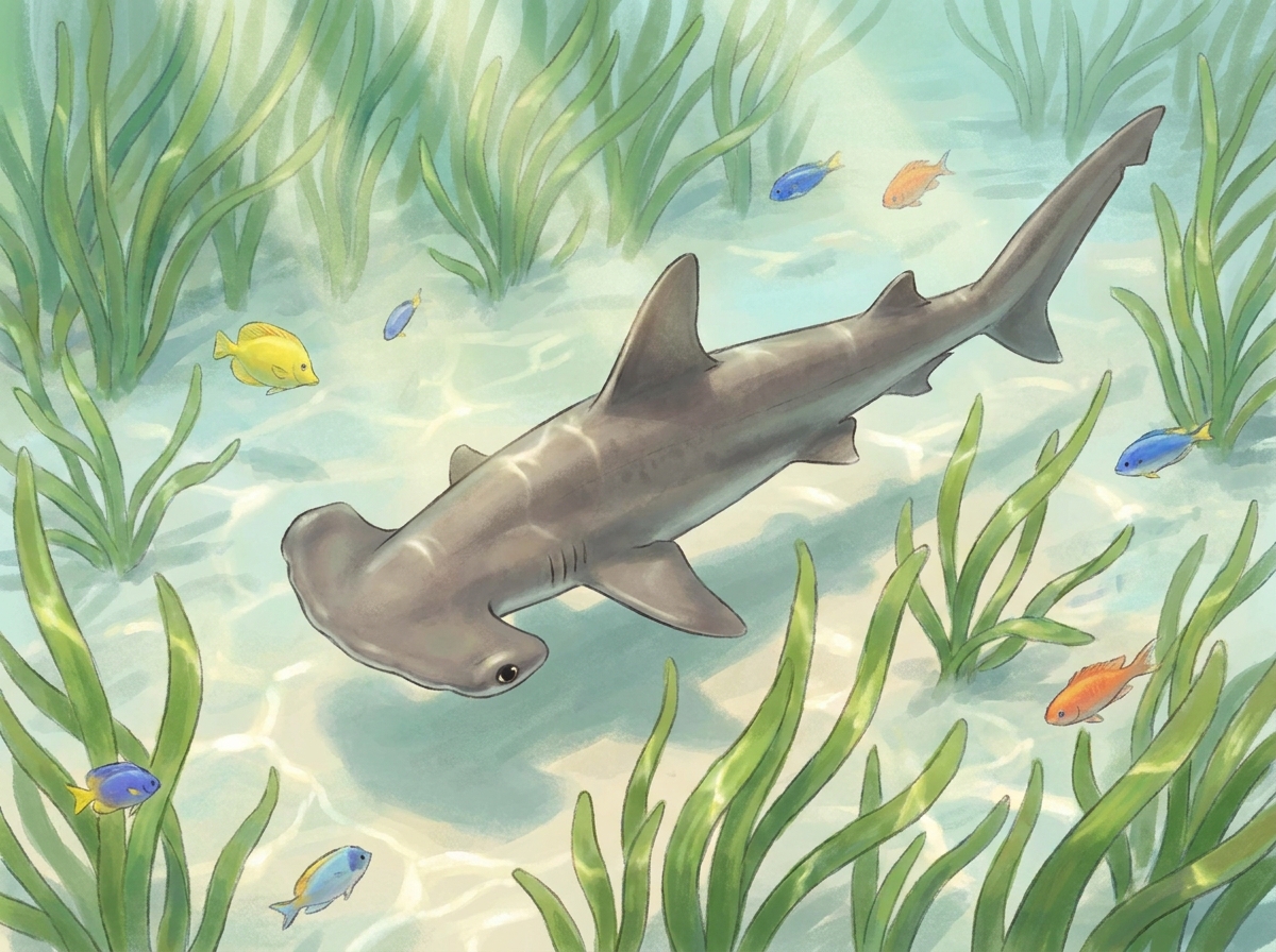 Illustration of a bonnethead shark with a rounded shovel-shaped head swimming through green seagrass