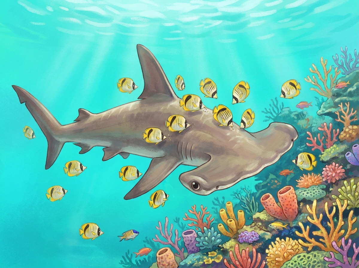 Illustration of small yellow butterflyfish cleaning a hammerhead shark at a coral reef