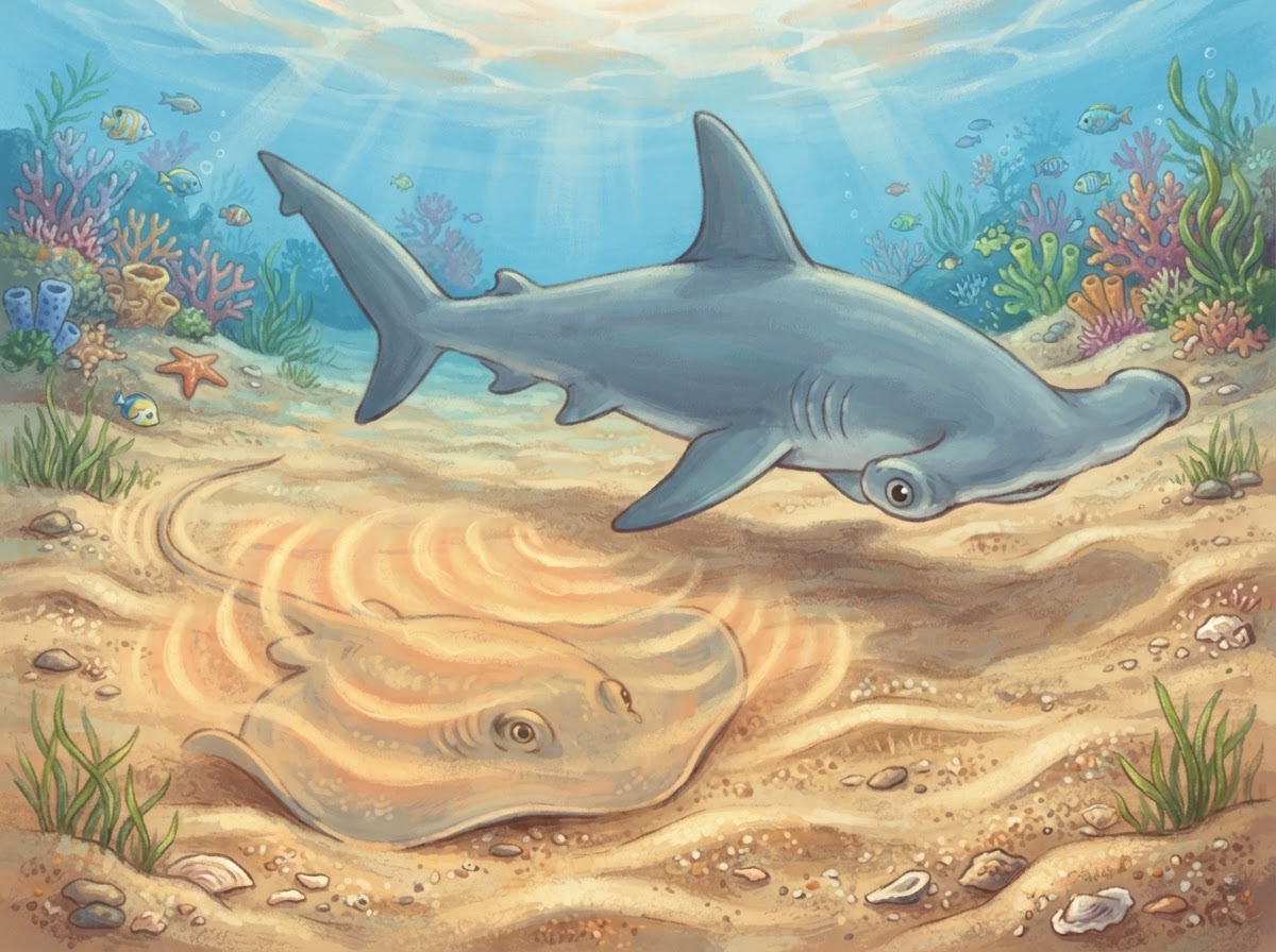 Illustration of a hammerhead shark sweeping its head over the sand, sensing a stingray hidden underneath