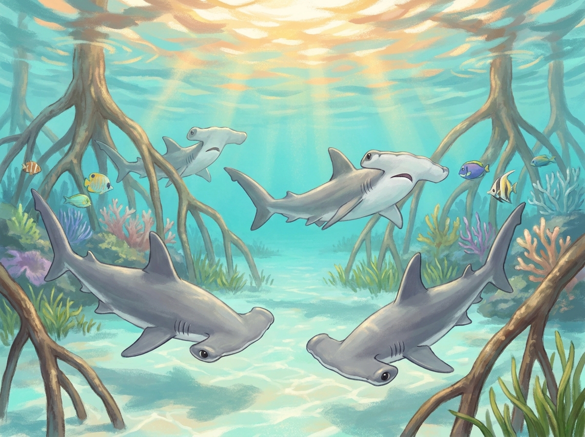 Illustration of baby hammerhead sharks swimming among mangrove roots in a shallow lagoon