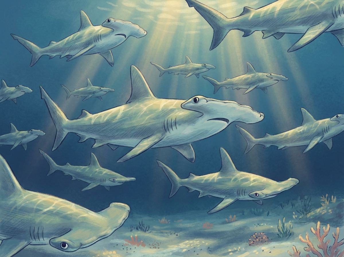 Illustration of a large school of hammerhead sharks swimming underwater with sunbeams above