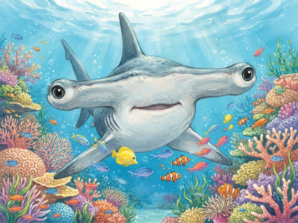 Illustration of a hammerhead shark seen from the front, with an eye at each end of its wide head