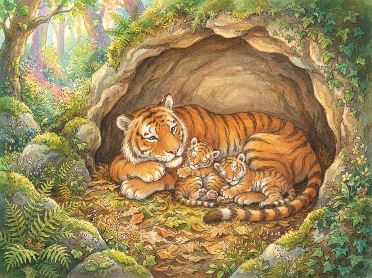Illustration of a mother tiger resting in a cozy den with sleeping cubs