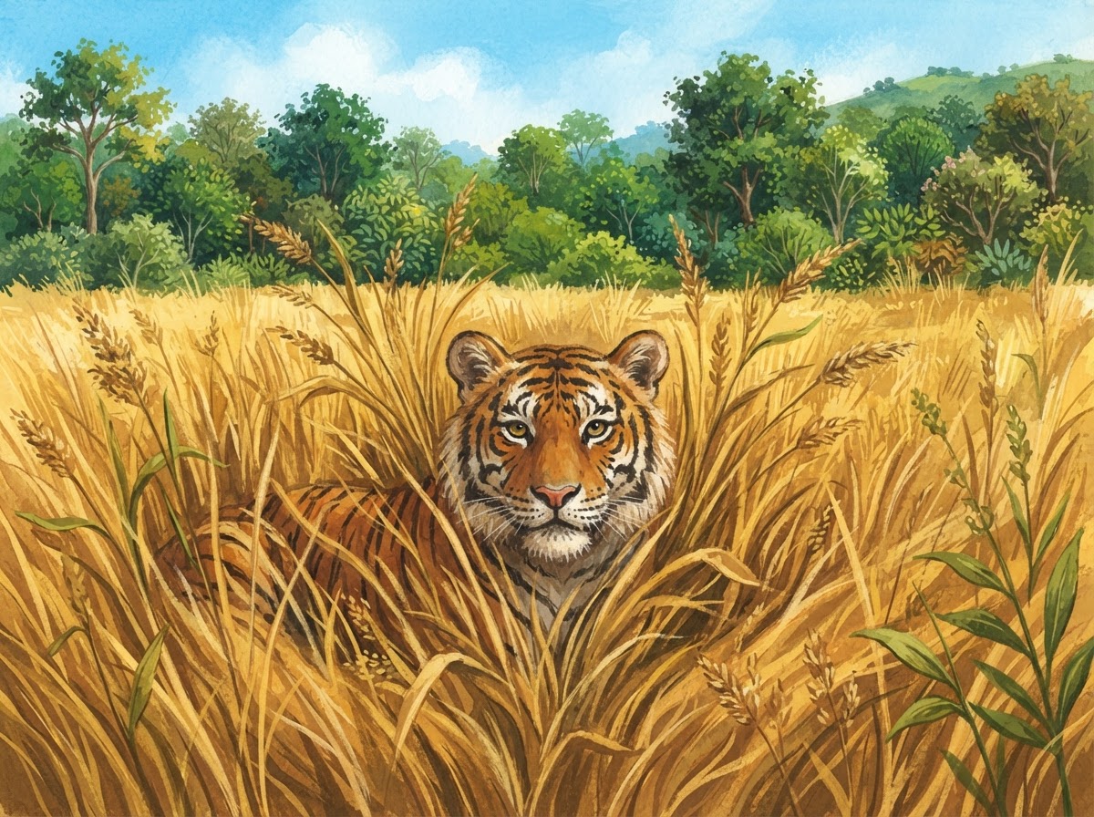 Illustration of a tiger hiding in tall golden grass, with only its face showing