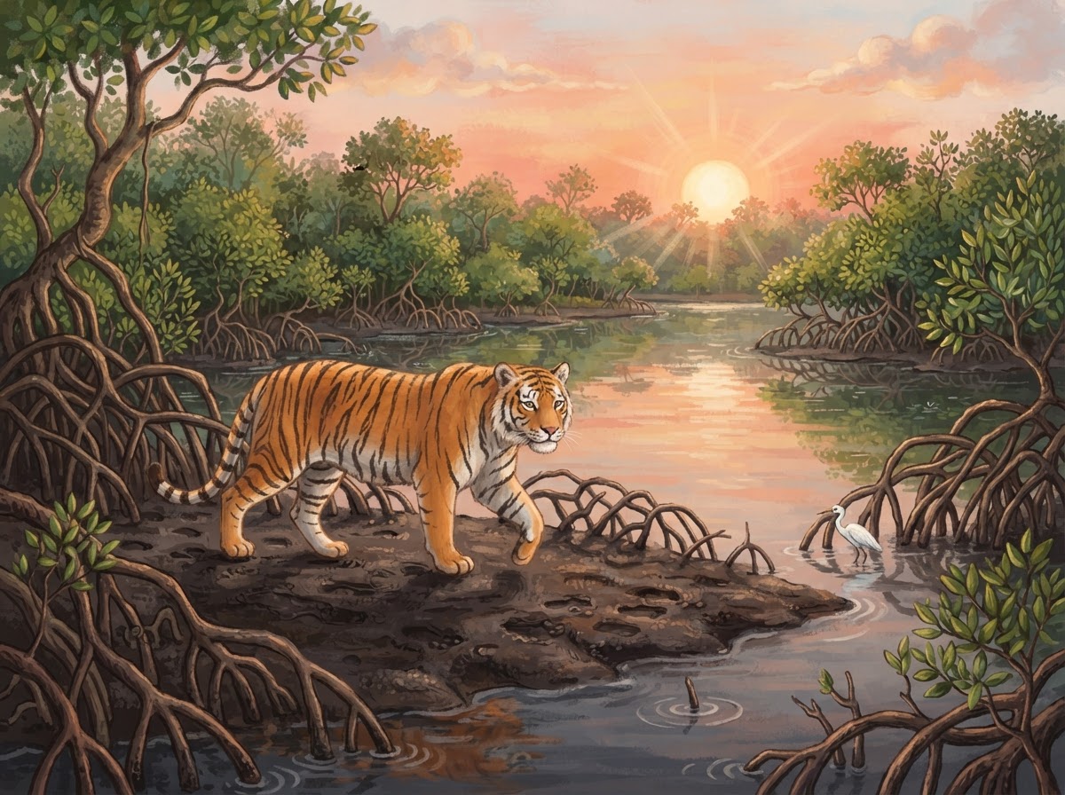 Illustration of a tiger walking on mud among mangrove roots at sunrise