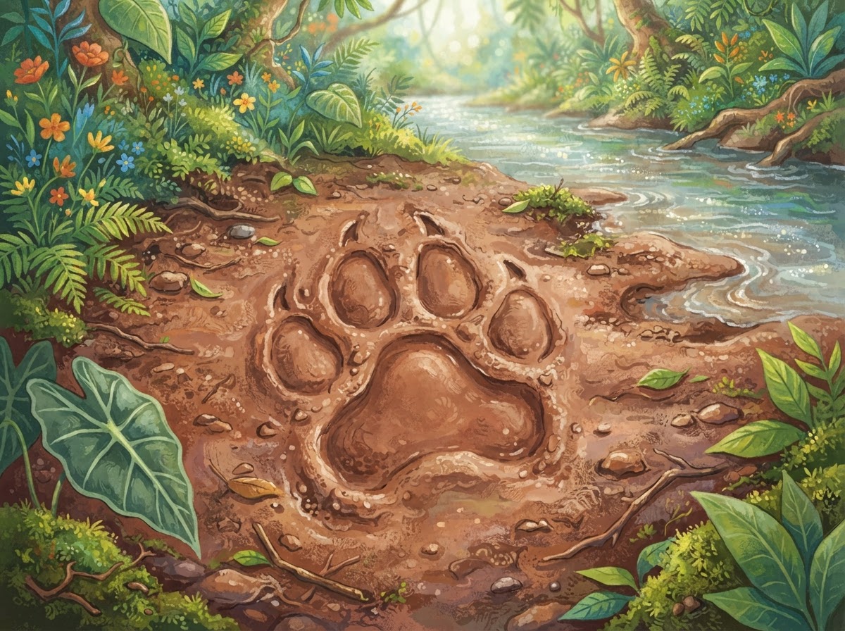 Illustration of a big tiger paw print in mud, with four toes and no claw marks