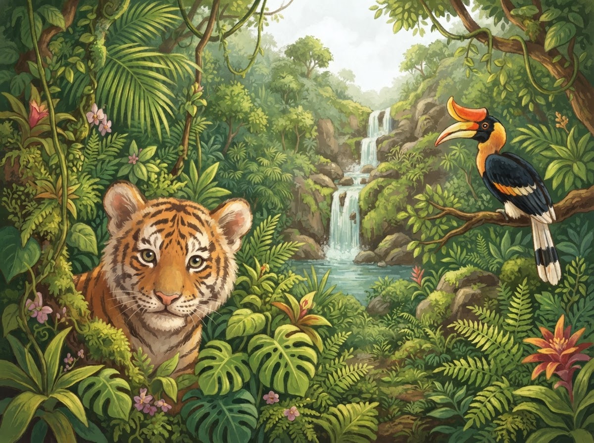 Illustration of a tiger in a green rainforest with a hornbill bird and a waterfall