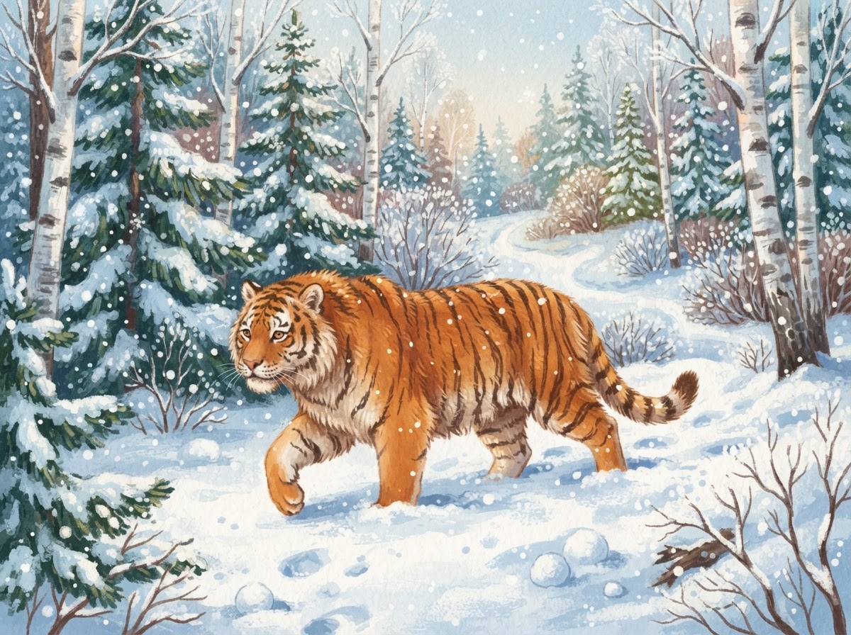 Illustration of a tiger walking through a snowy forest