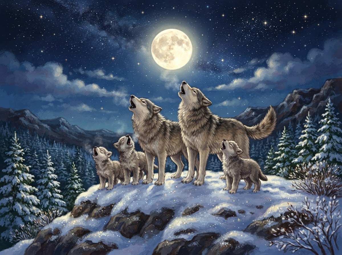 Illustration of a wolf family howling on a snowy hill under a full moon