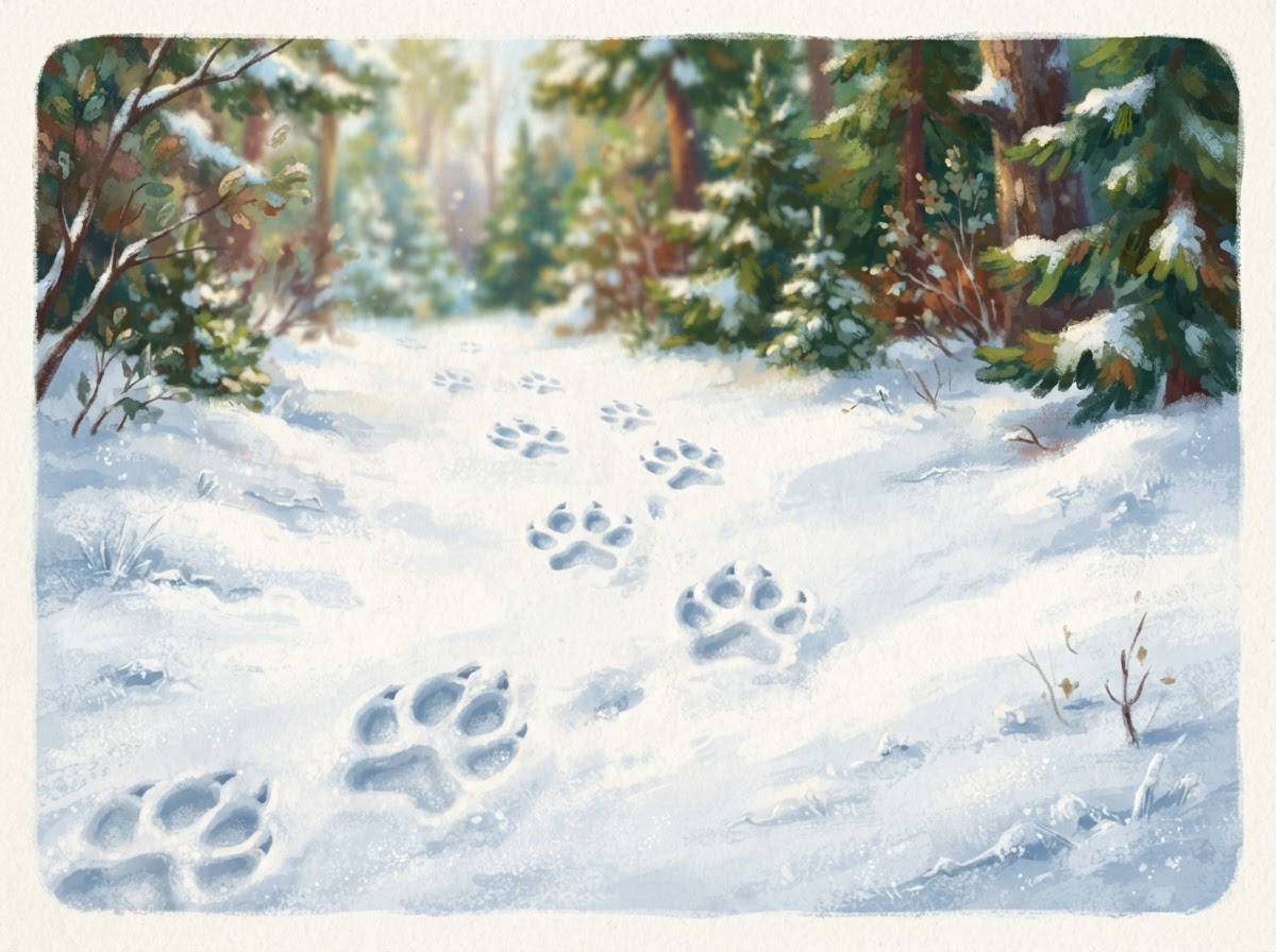 Illustration of wolf paw prints leading through fresh snow