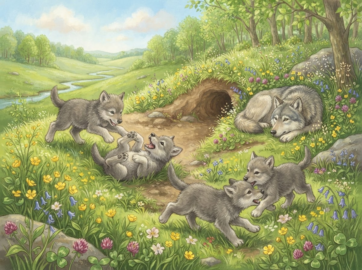 Illustration of wolf pups playing outside a den in a grassy hillside while their mother watches