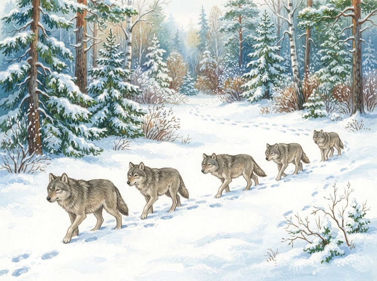 Illustration of six gray wolves walking in a line through deep snow