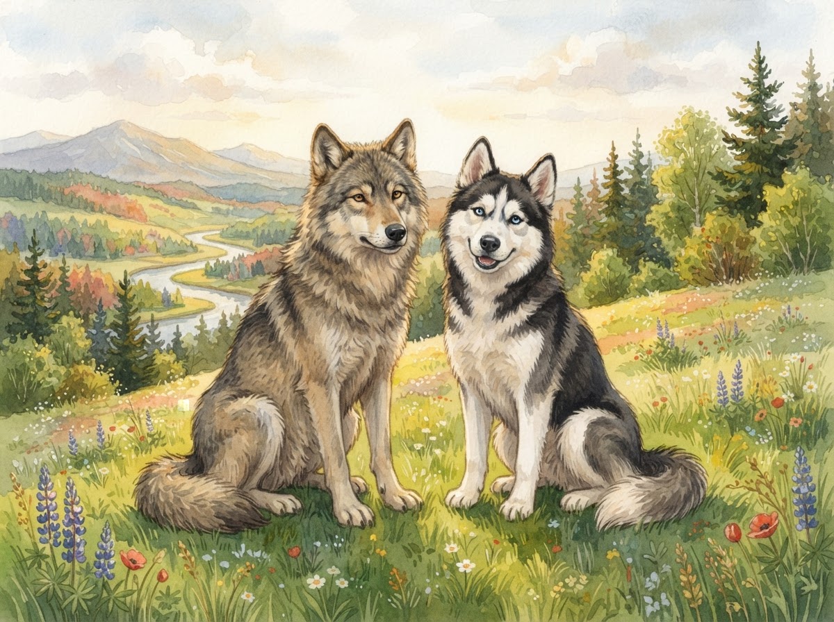 Illustration of a gray wolf and a husky dog sitting side by side on a grassy hill