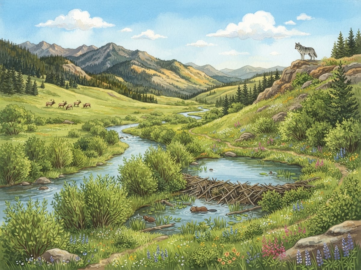 Illustration of a Yellowstone valley with a river, willow trees, a beaver dam, elk and a wolf on a ridge
